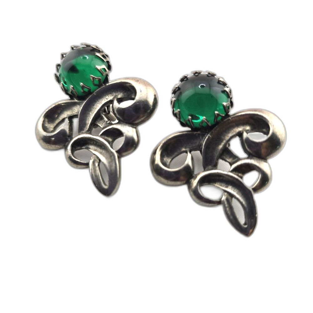 Vintage Green Glass Cabochon Clip On Earrings Scroll Pewter Tone 1.75" Statement